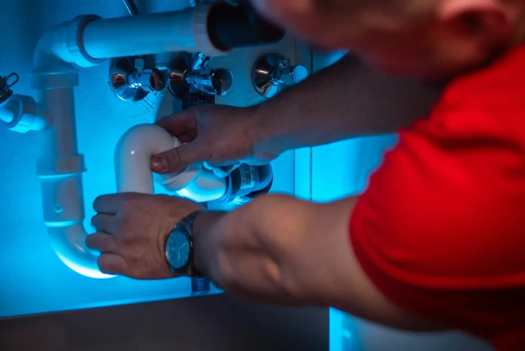 Plumber fixing pipe under sink